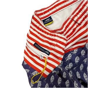 AFTCO‎ Mens Medium Red White Blue Flag Fish All Over Print Swim Shorts Lined